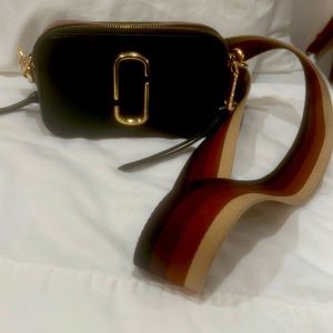 Marc Jacobs Black Crossbody Camera Bag with Multicolor Stripe Strap